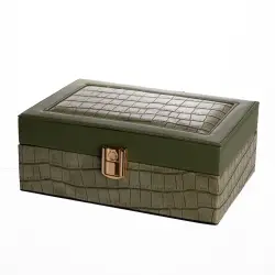 Скринька для прикрас з еко шкіри 10 відділень з дзеркалом 20×14×8 см Зелений HP-5-19GR